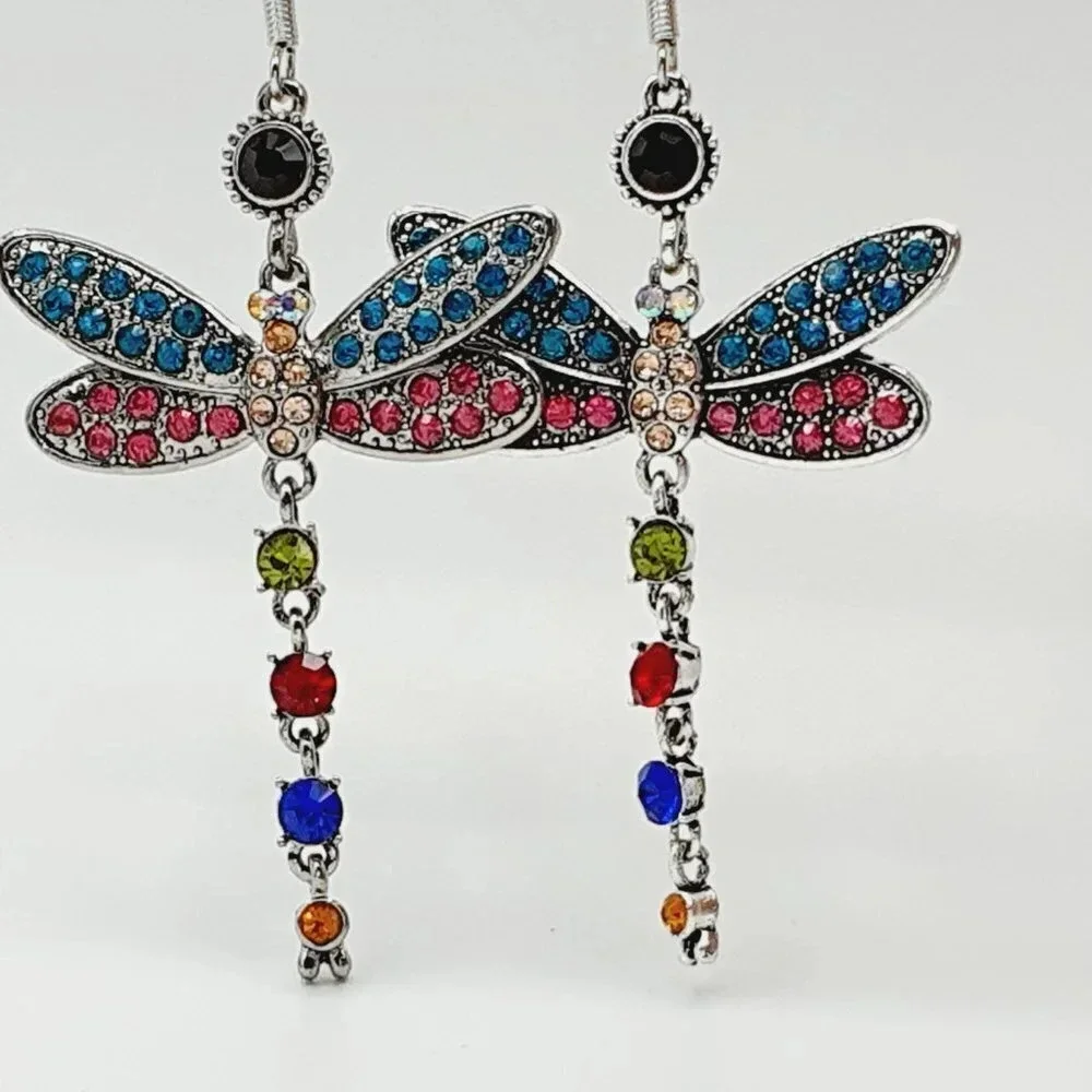 Multi Color Dragonfly Crystal Rhinestone Silver Plated Hook Earrings, V…